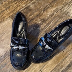 ANTONIO MELANI Glossy Black Loafers with Silver Accent
